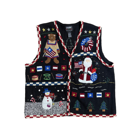 Designers Originals Studio Sweaters - Americana Christmas Sweater Vest Black Vtg Plus 1X Country Santa Bear Snowman